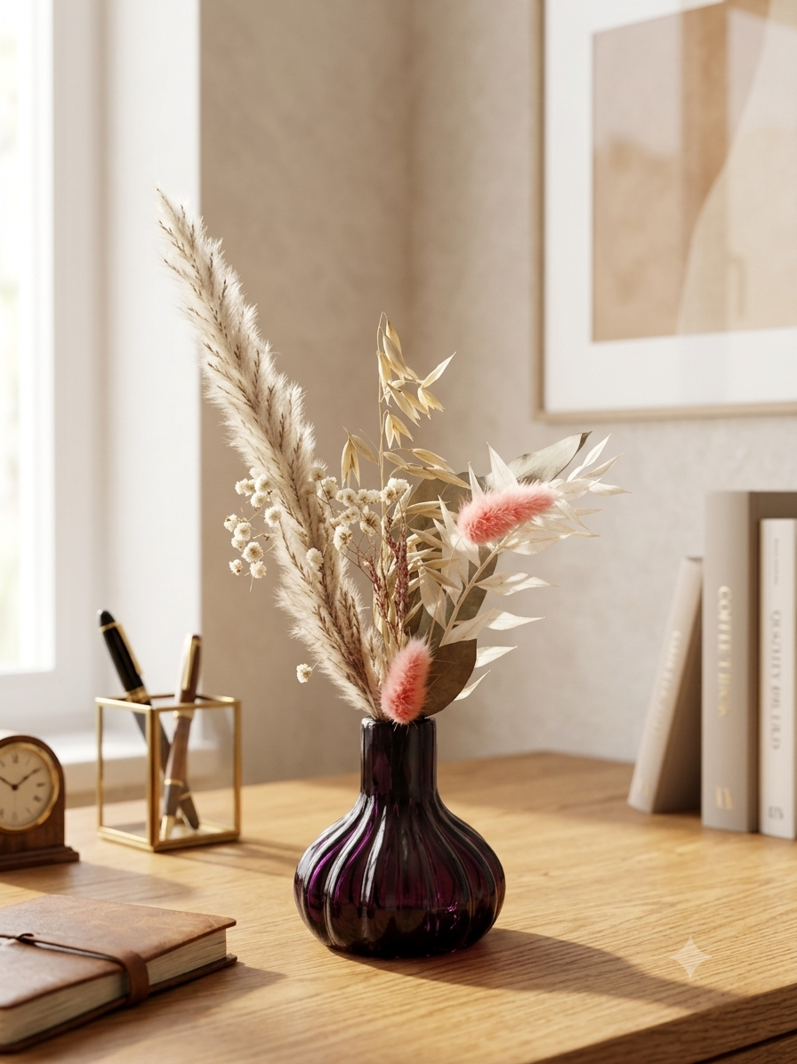 Petit vase en verre prune et son mini-bouquet de fleurs séchées bohème
